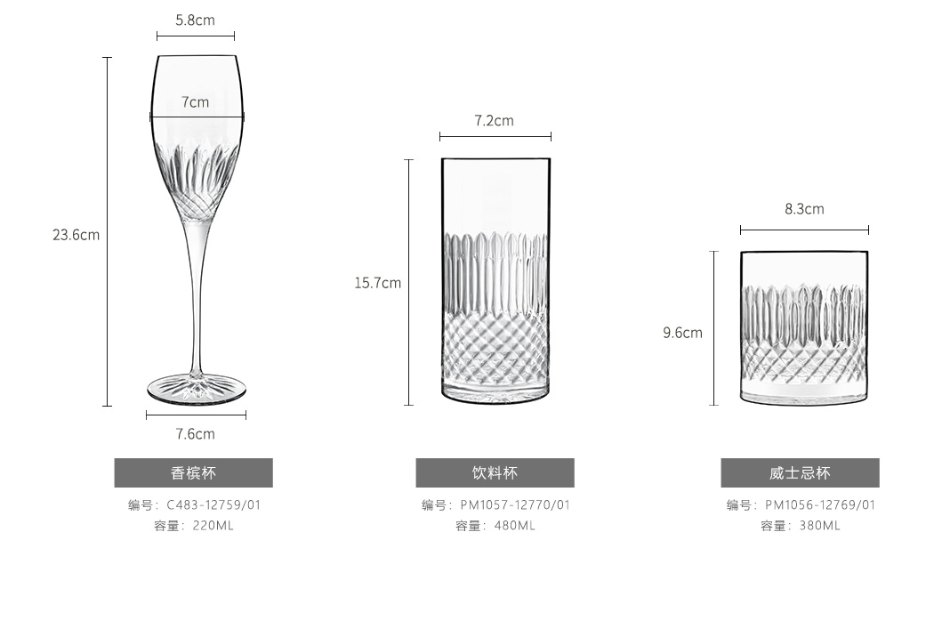 钻石(Diamente)系列香槟杯、饮料杯、威士忌杯参数图