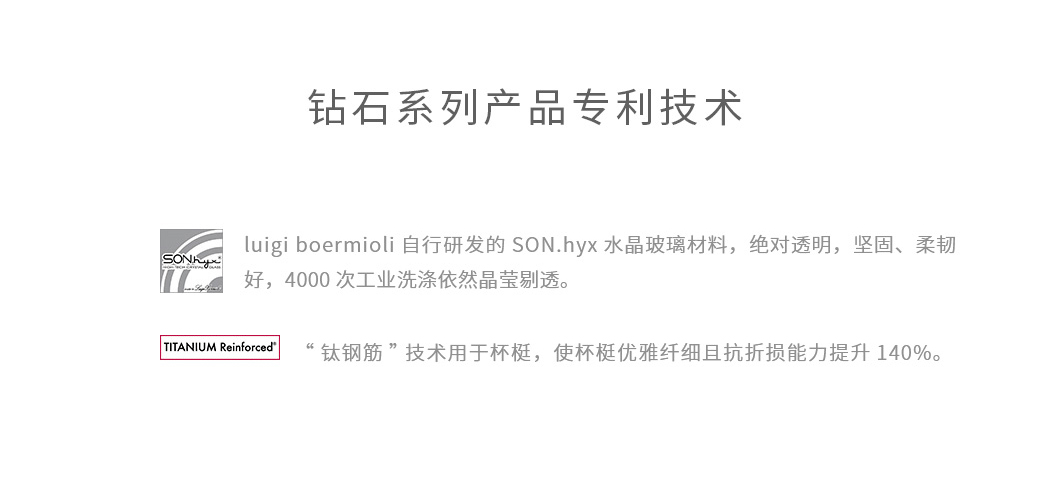 路易治钻石系列杯型采用了LUIGI最新钛钢筋水晶玻璃制造技术